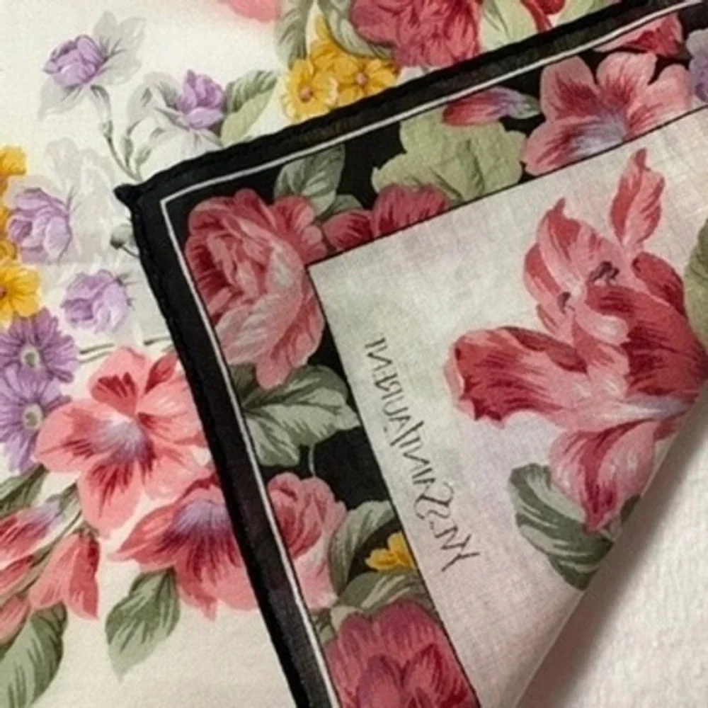 Vtg YVES SAINT LAURENT Scarf Handkerchief Floral White Pink 18